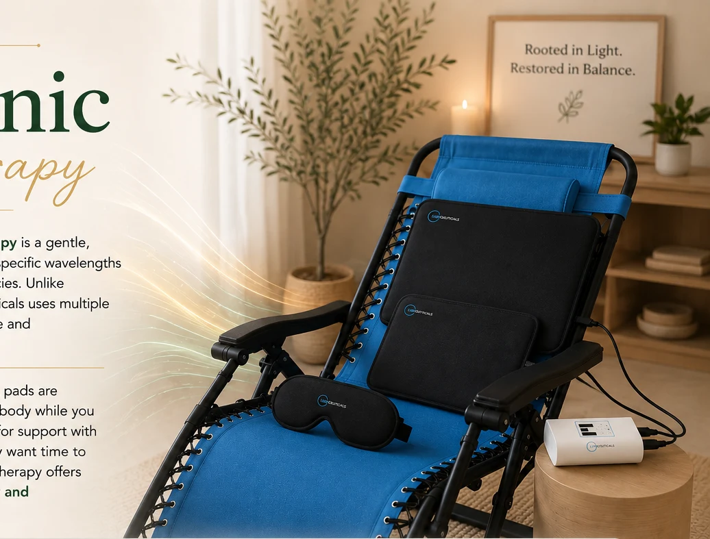 A blue reclining chair with LumiCeuticals pads, eye mask, controller, warm room details, and light strands for a Harmonic Light Therapy session.