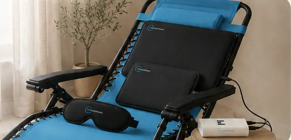A blue reclining chair with LumiCeuticals pads, eye mask, and controller ready for a session.