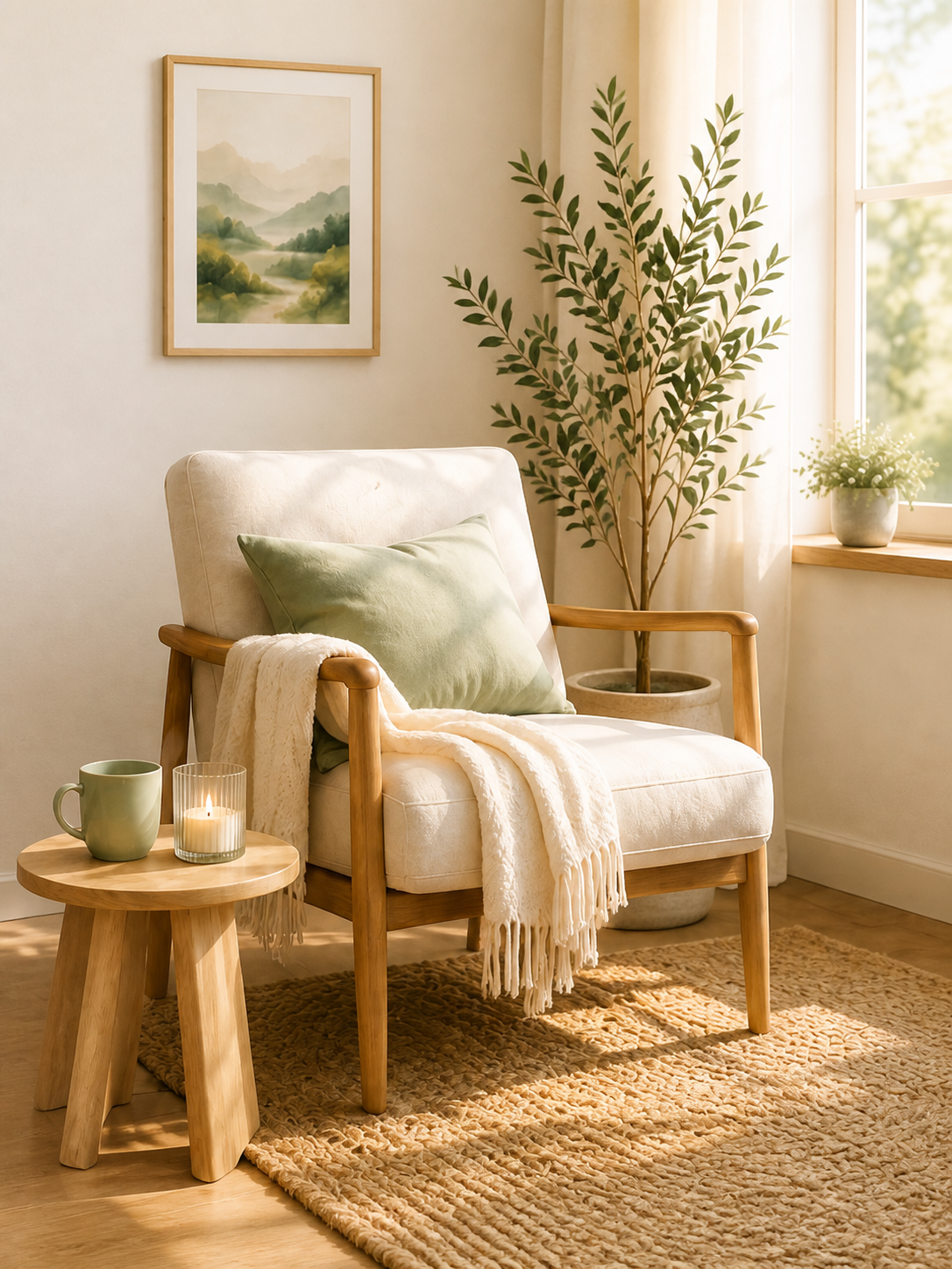A sunlit room with a cream armchair, sage pillow, candle, and leafy plant.
