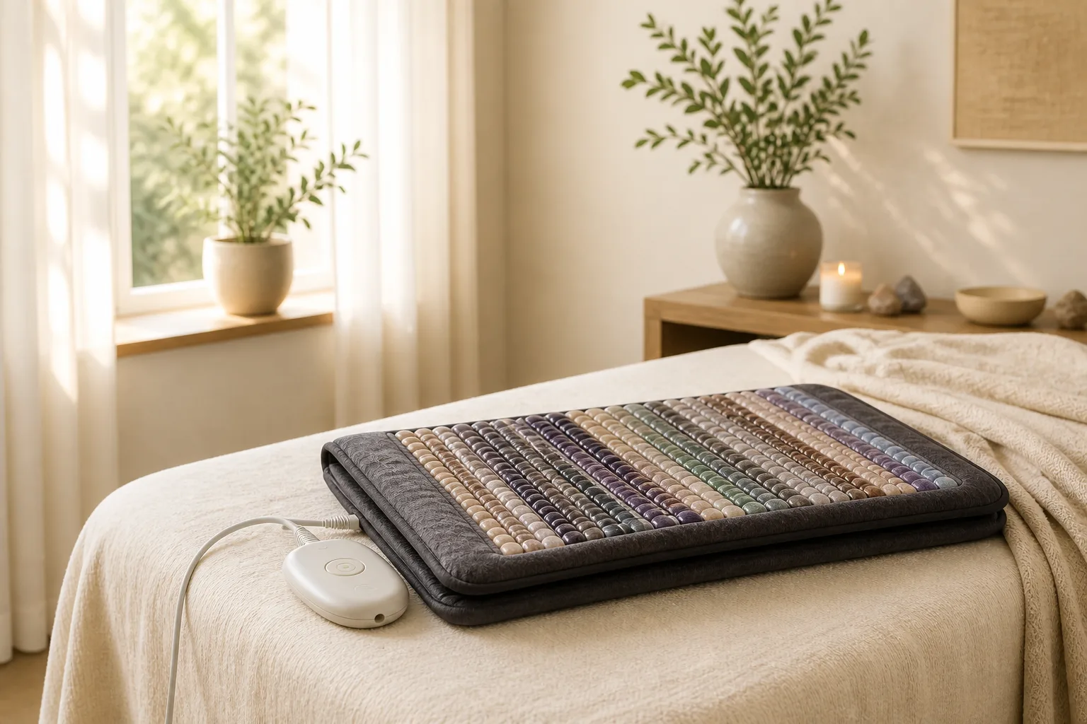 A gemstone PEMF mat and controller resting on a cream-covered treatment table.