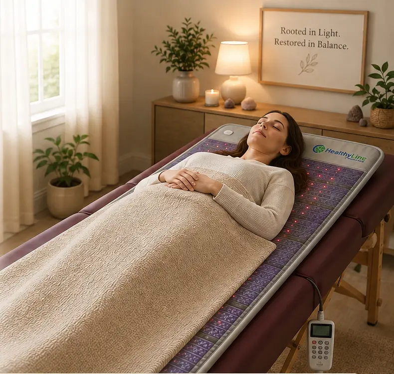 A fully clothed woman resting comfortably on a gemstone PEMF mat with the controller visible beside the table.