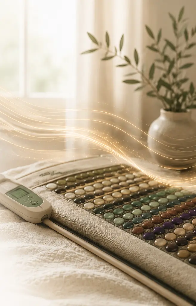 Gemstone PEMF mat and controller in a sunlit room