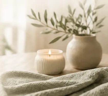 A quiet candle and leafy vase beside a soft blanket