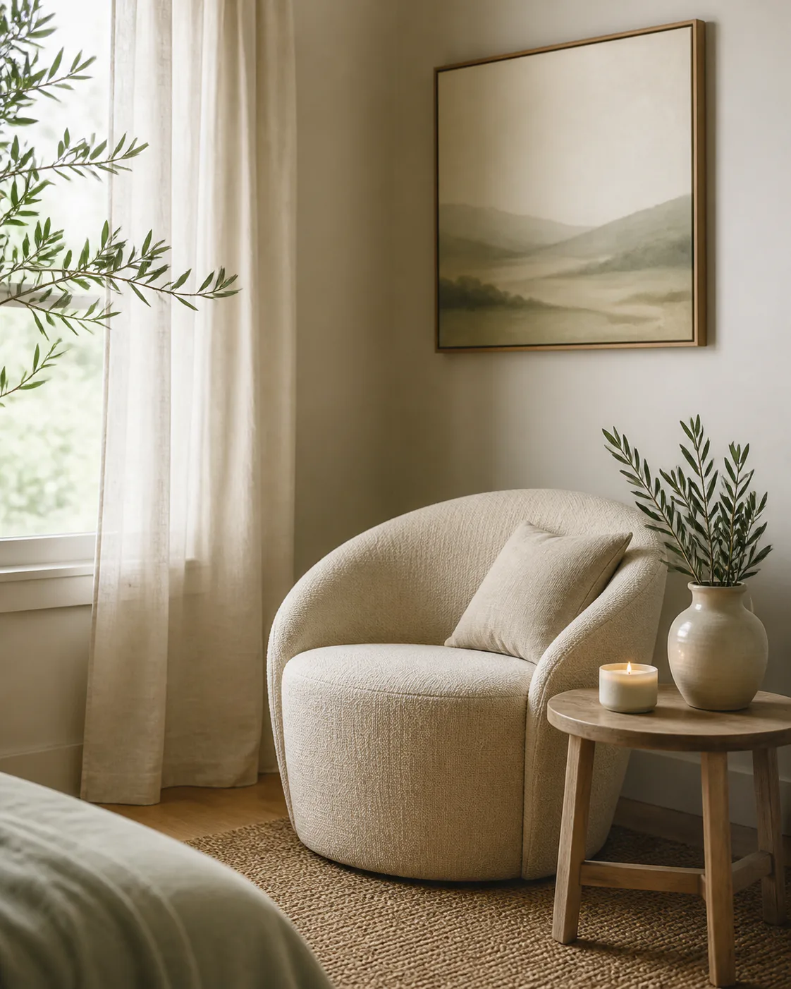 A peaceful cream chair beside a wooden table, candle, and olive branches in a softly lit room.