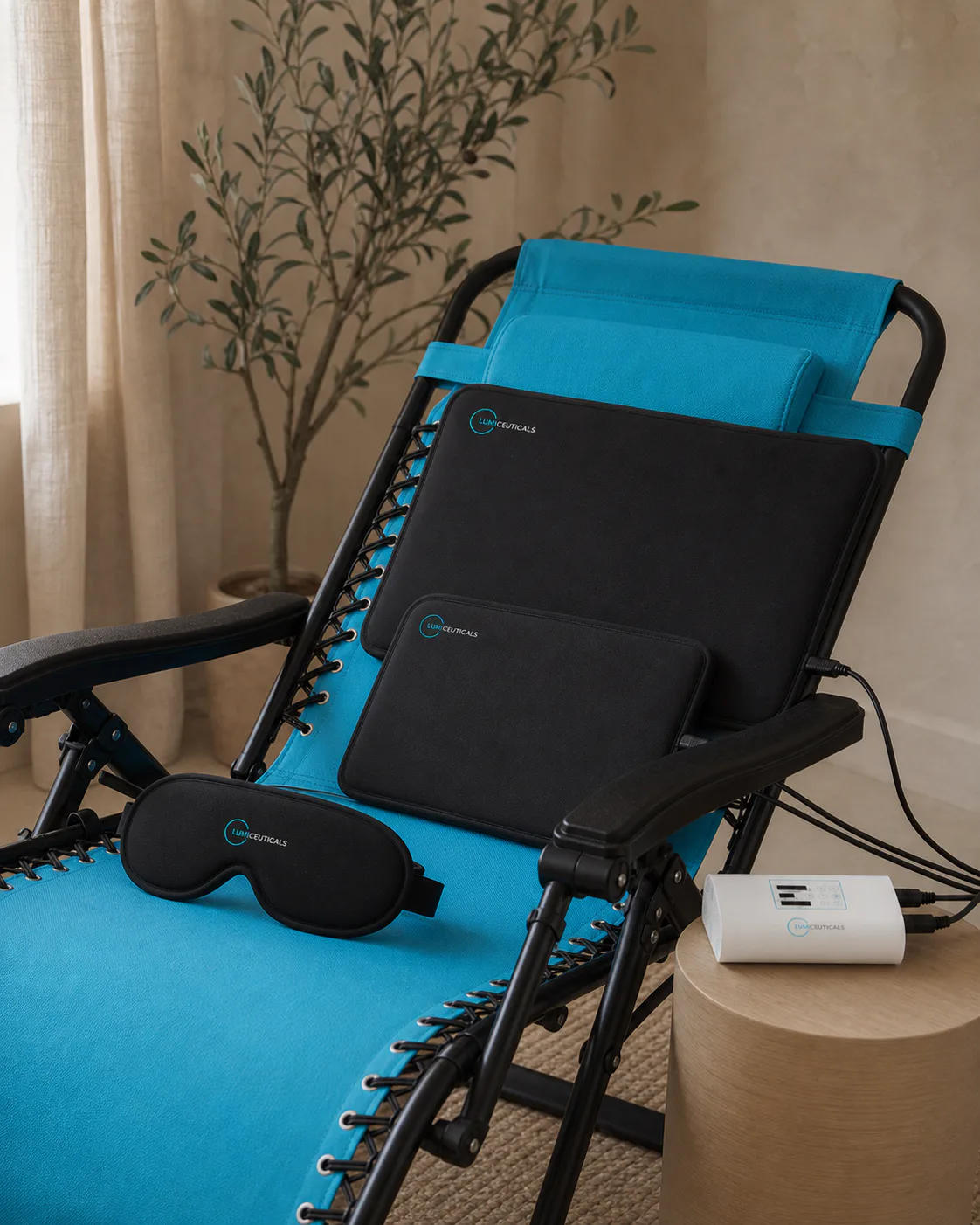 LumiCeuticals light therapy pads, eye mask, and controller arranged on a soft cream chair.